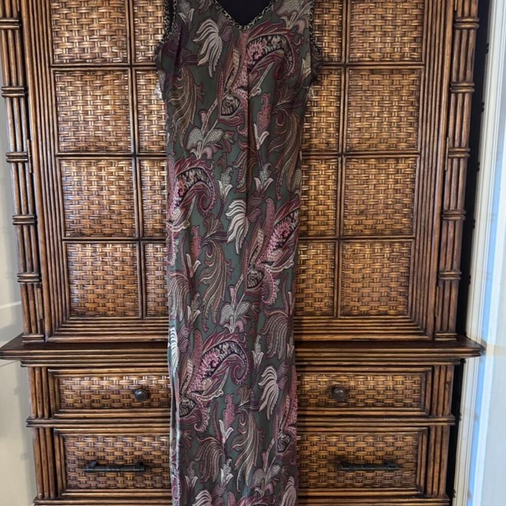 Green and purple paisley maxi dress with leopard print trim